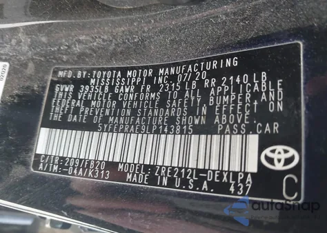 2020 Toyota Corolla Le from USA, damaged, VIN 5YFEPRAE9LP143815